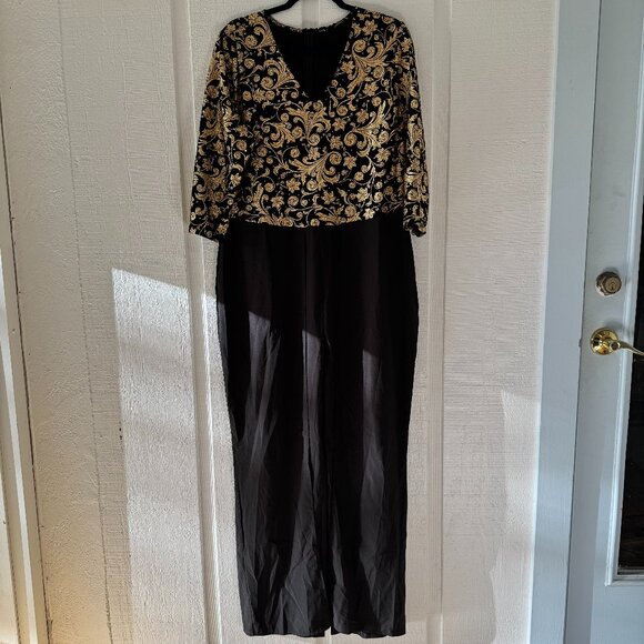 NWOT Jumpsuit 2XL Formal 3/4 Sleeve Black & Gold Leaf Design Evening Event - Picture 2 of 5